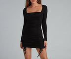 Ruched Ribbed Mini Dress with Cotton Fabric