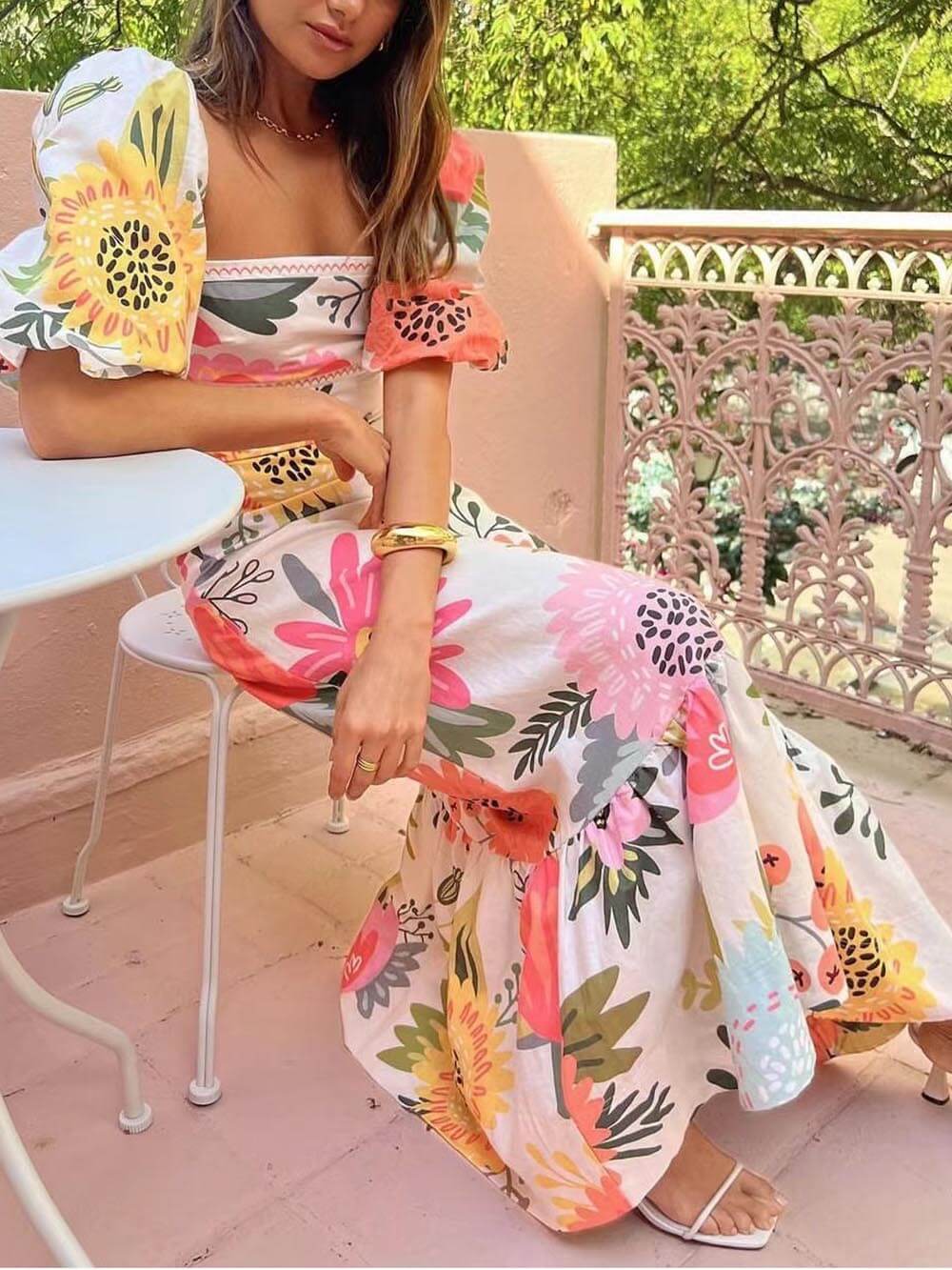 Printed Floral Maxi Dress with Square Neckline