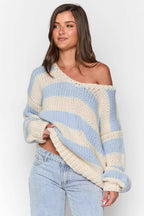 Striped Knit Sweater with Off-Shoulder Neckline