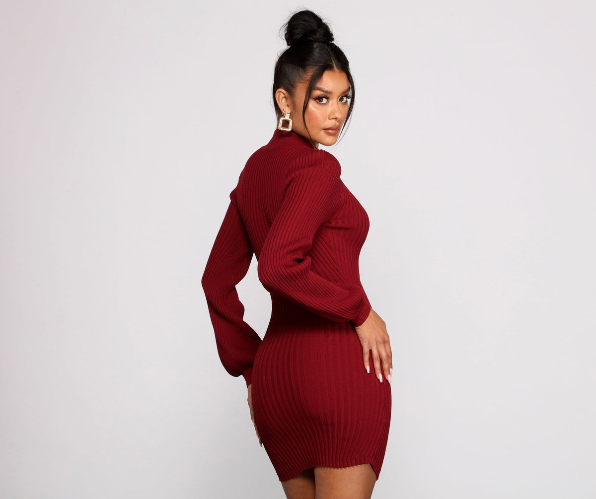 Ribbed Fitted Mock-Neck Mini Dress