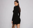 Mock-Neck Knit Ruched Mini Dress