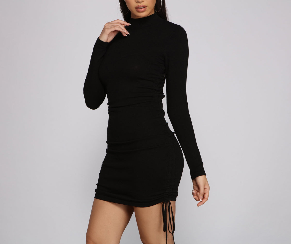 Mock-Neck Knit Ruched Mini Dress