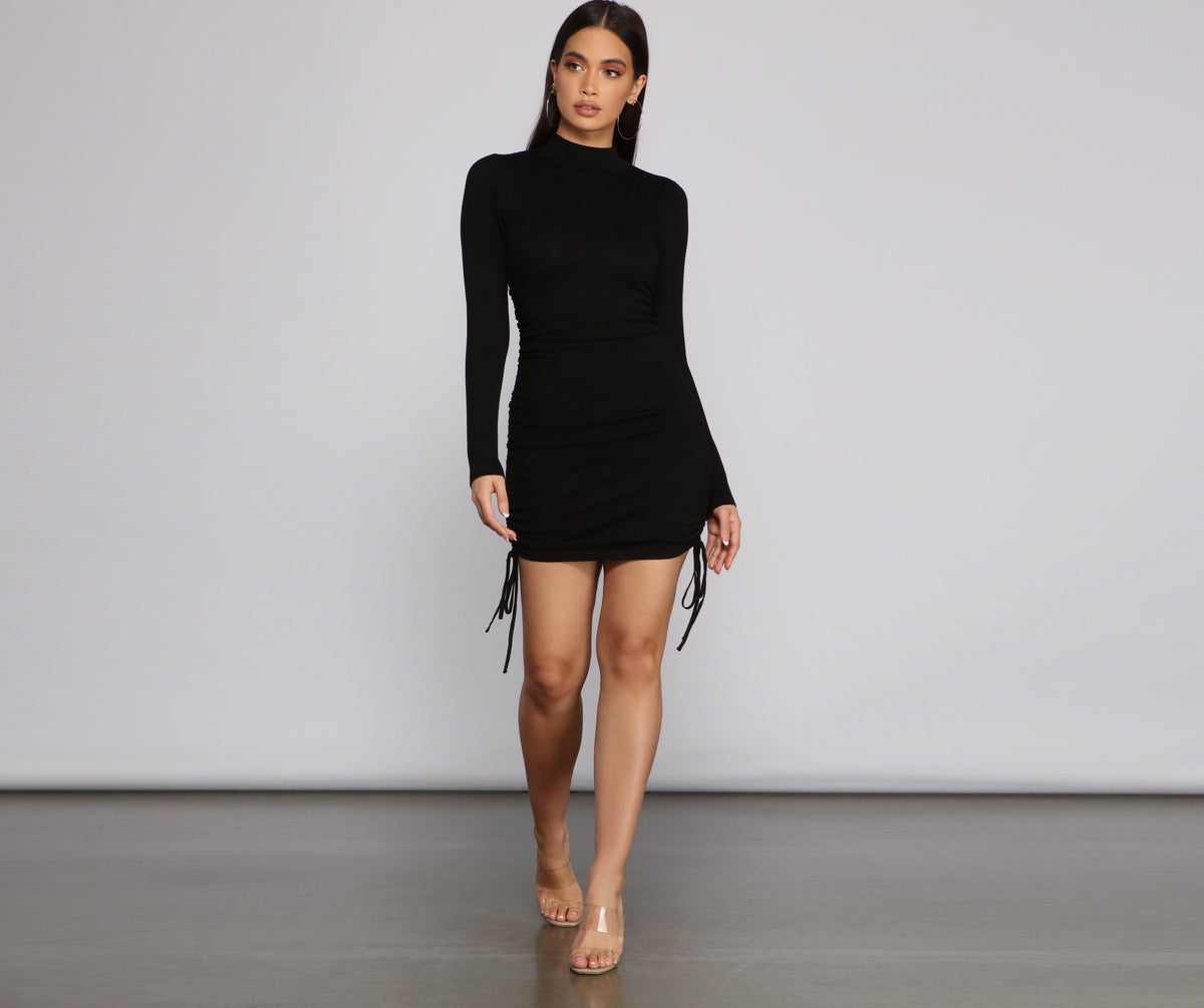 Mock-Neck Knit Ruched Mini Dress