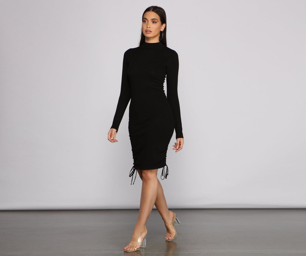Mock-Neck Knit Ruched Mini Dress