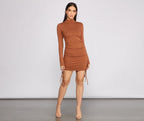 Mock-Neck Knit Ruched Mini Dress