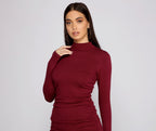 Mock-Neck Knit Ruched Mini Dress