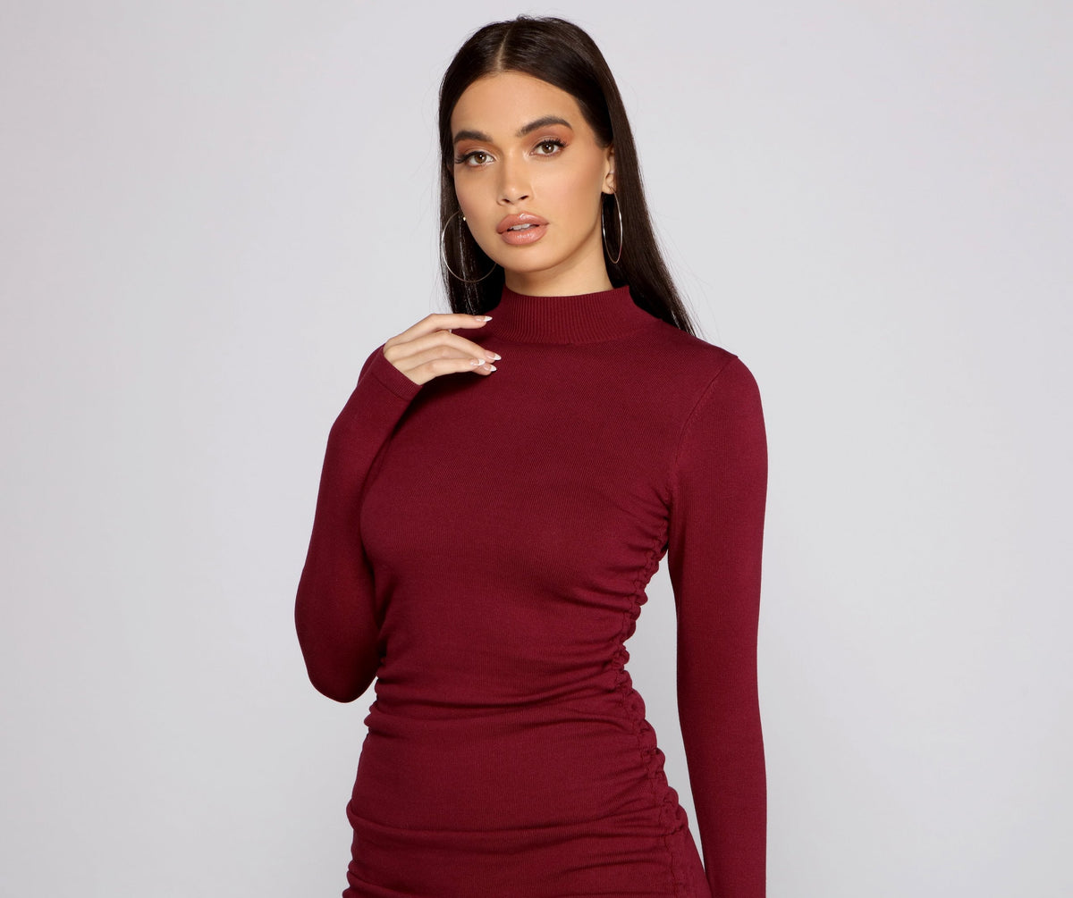 Mock-Neck Knit Ruched Mini Dress