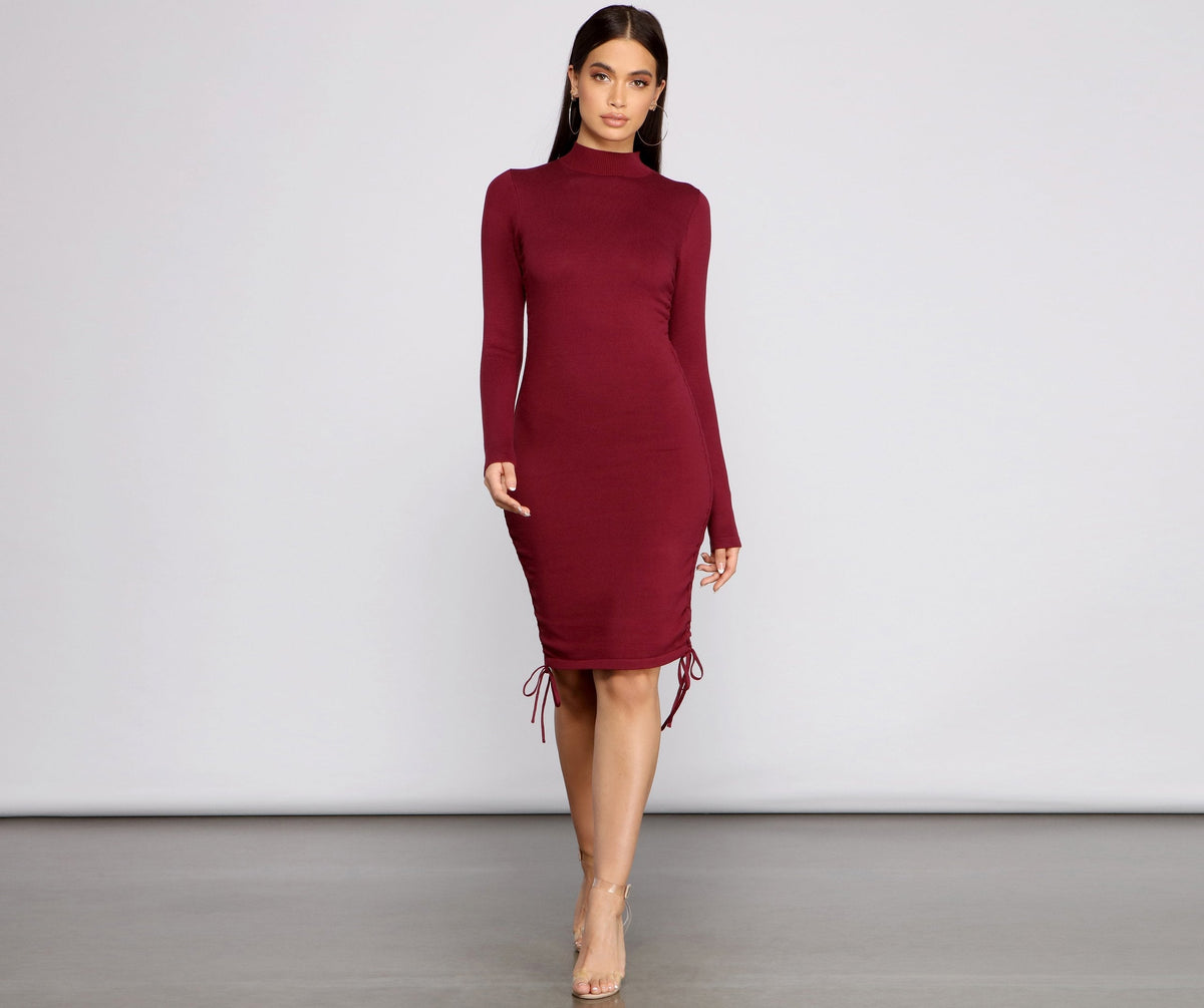 Mock-Neck Knit Ruched Mini Dress