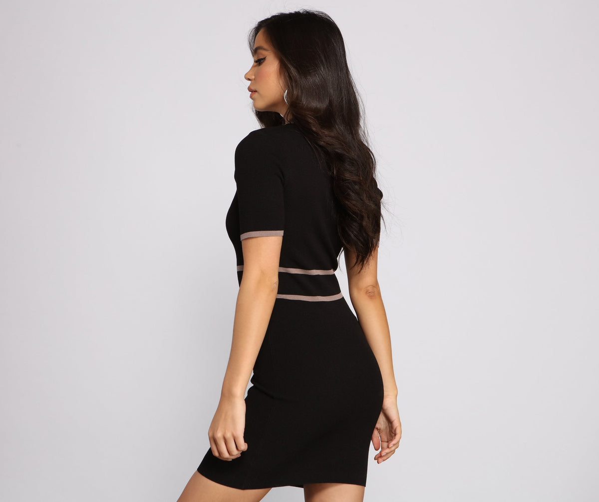 Collared Knit Mini Dress with Stripes