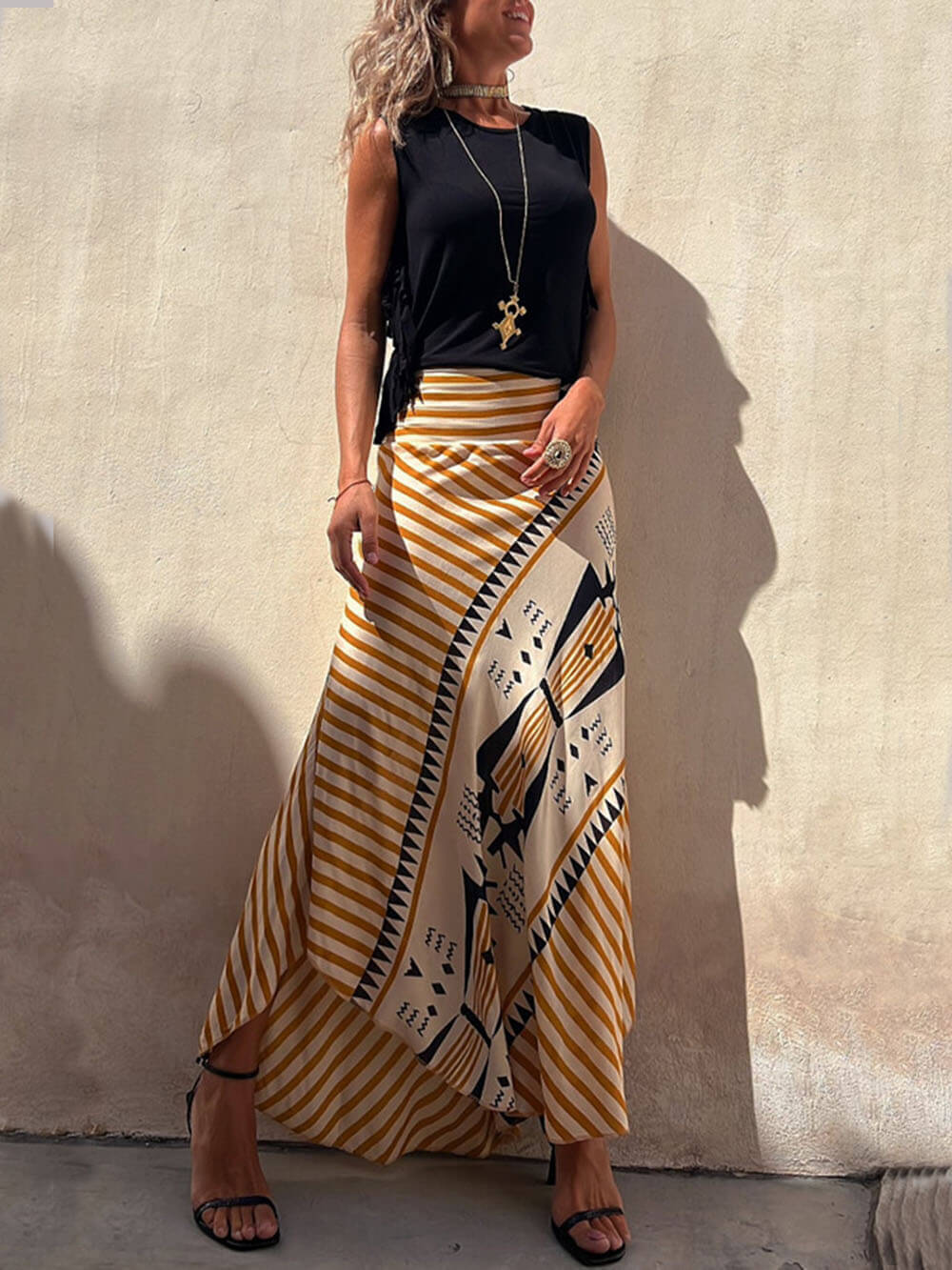 Geometric-Print Maxi Skirt with Stretch Detail
