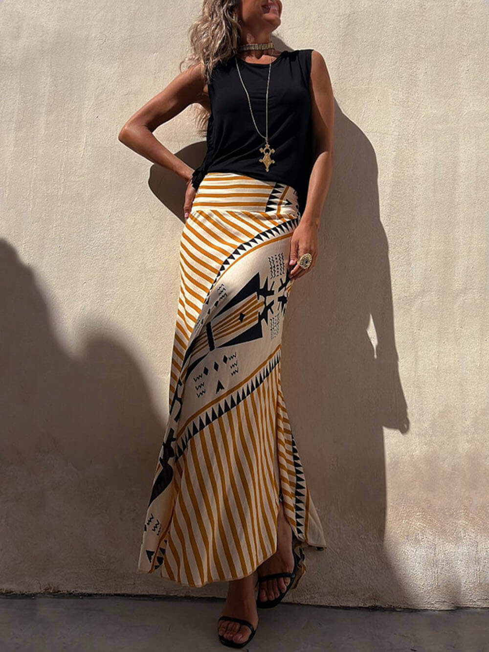 Geometric-Print Maxi Skirt with Stretch Detail