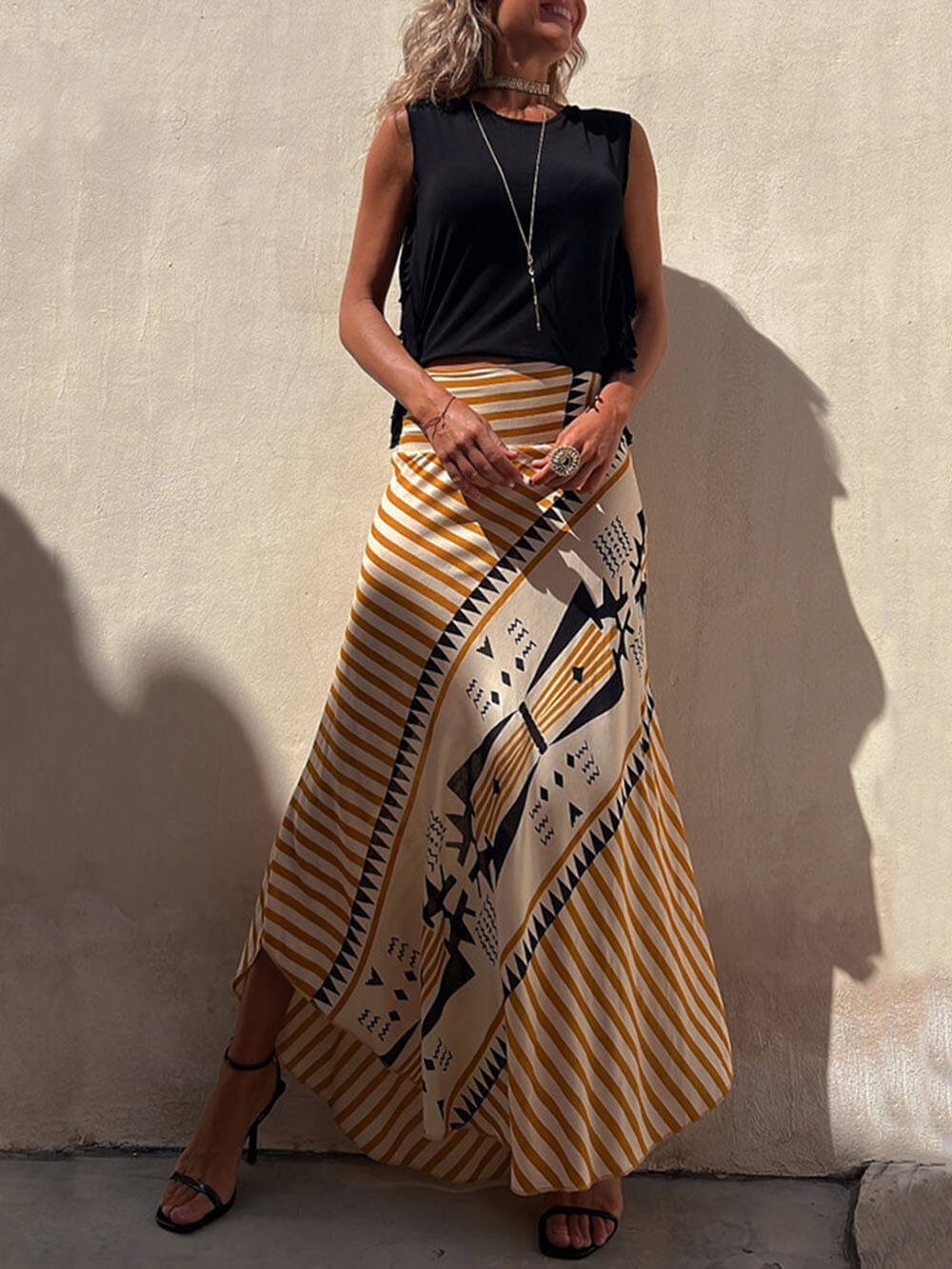 Geometric-Print Maxi Skirt with Stretch Detail