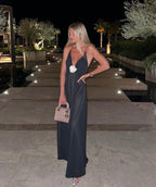 Plunging V-Neck Strap-Detail Maxi Dress with Pullover Design