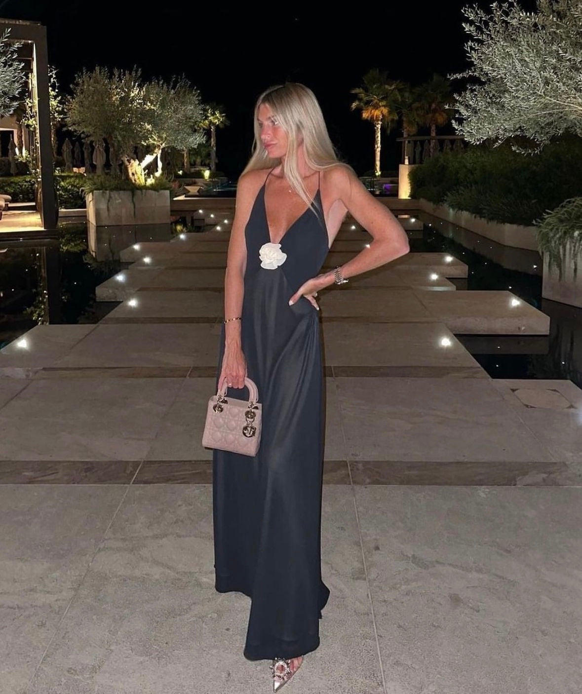 Plunging V-Neck Strap-Detail Maxi Dress with Pullover Design