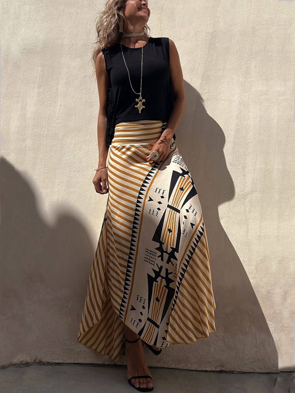 Geometric-Print Maxi Skirt with Stretch Detail