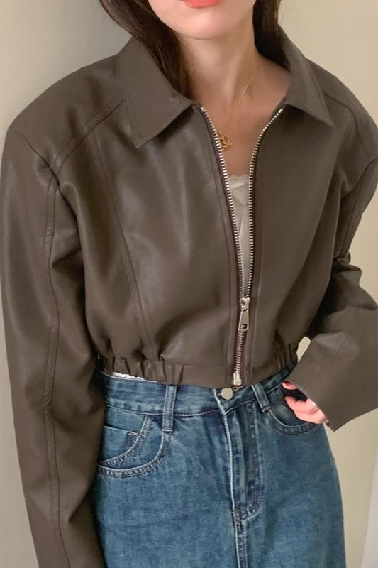 Leather Cropped Jacket with Zip Detail Main image