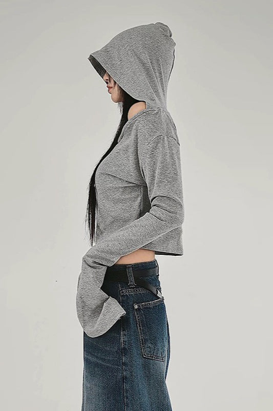 Grey Polyester Off-Shoulder Hoodie