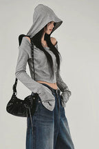 Grey Polyester Off-Shoulder Hoodie