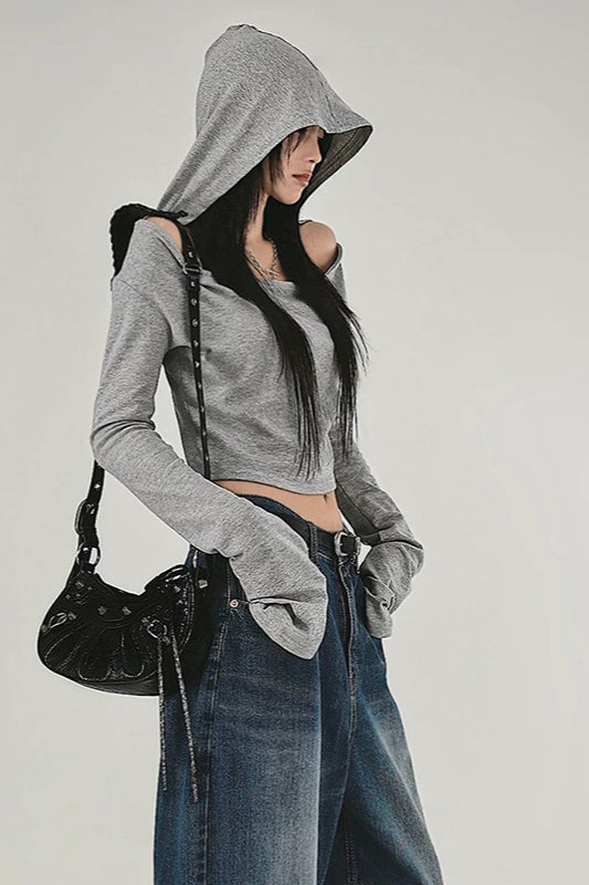 Grey Polyester Off-Shoulder Hoodie