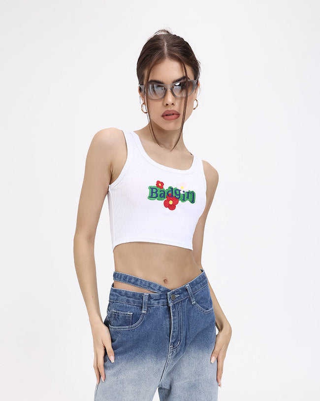 Lettered Polyester Cropped Tank Top with Floral Details Main image