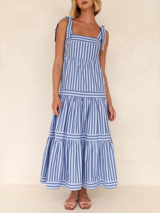 Striped Square-Neck Lace-Up Midi Dress