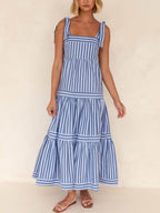Striped Square-Neck Lace-Up Midi Dress
