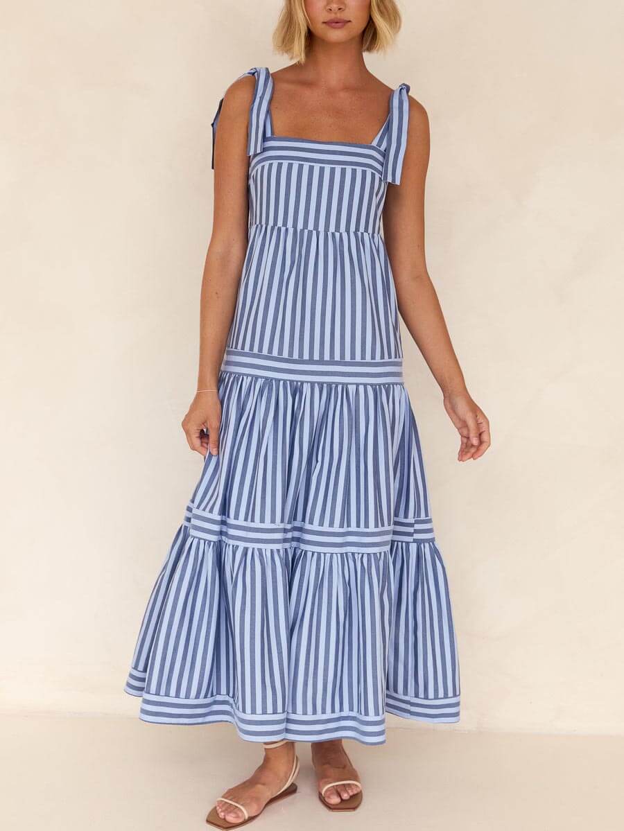 Striped Square-Neck Lace-Up Midi Dress