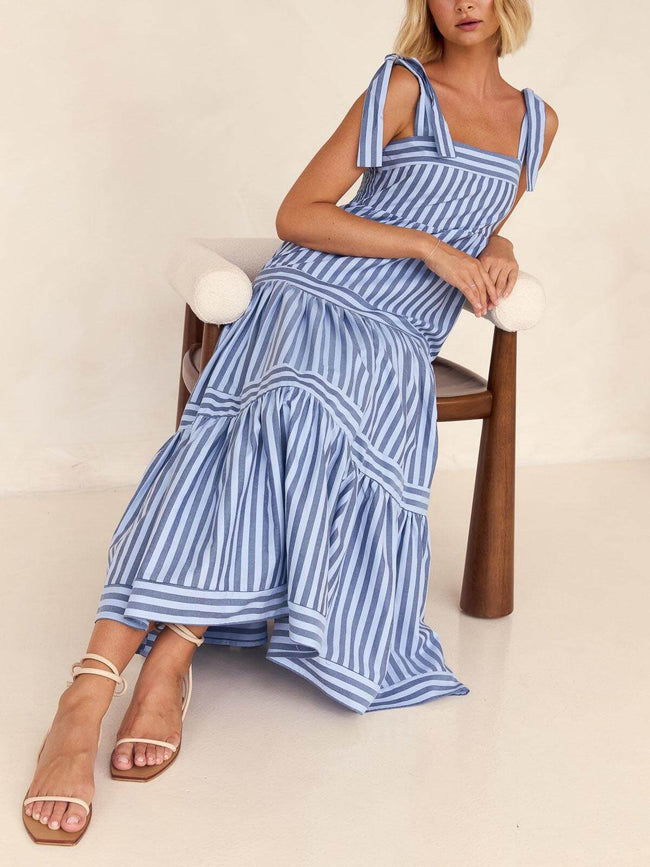 Striped Square-Neck Lace-Up Midi Dress Main image