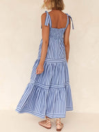 Striped Square-Neck Lace-Up Midi Dress