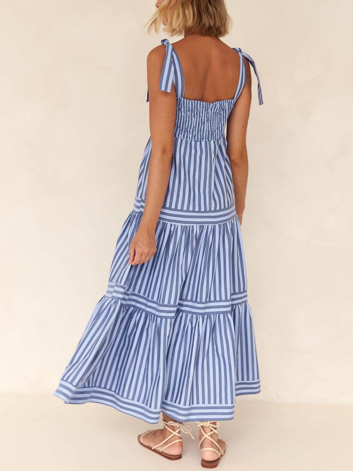 Striped Square-Neck Lace-Up Midi Dress