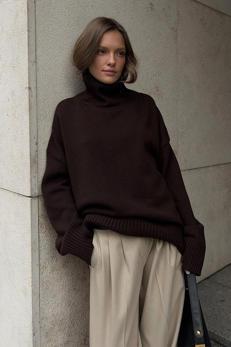 Knit Solid-Color Sweater with High Neckline