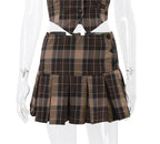 Sexy Two Piece Suit Summer Sexy Retro Plaid Vest Graceful Pleated Skirt Set Brown Skirt 2 pieces bottoms clothes sets skirt set skirts