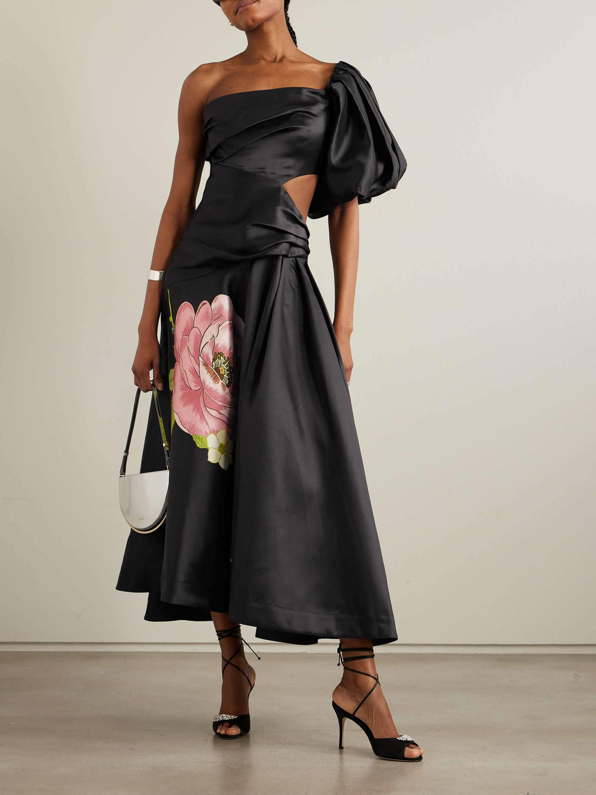 Floral Midi Dress with One-Shoulder Cut