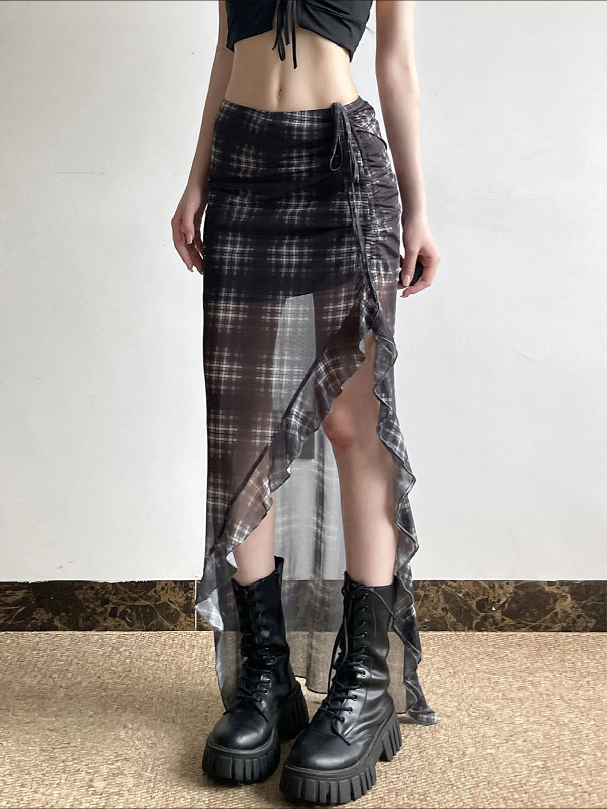 Drawstring Transparent Skirt Black / S