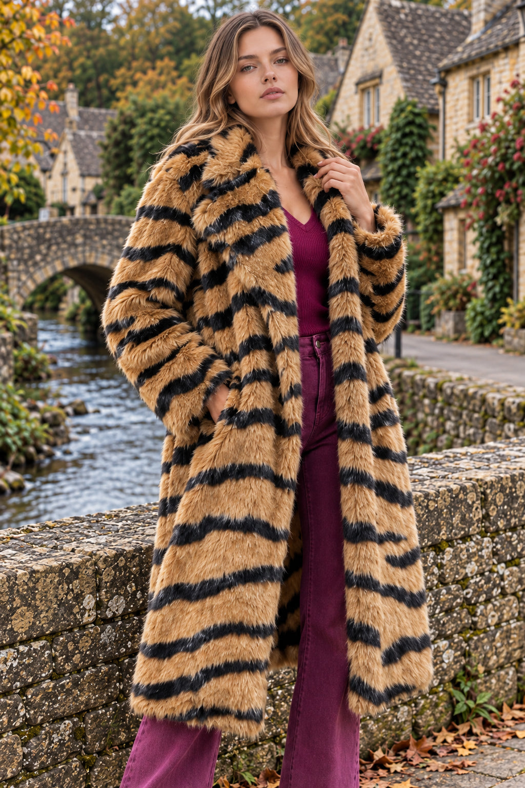 Faux Fur Tiger Striped Loose Overcoat