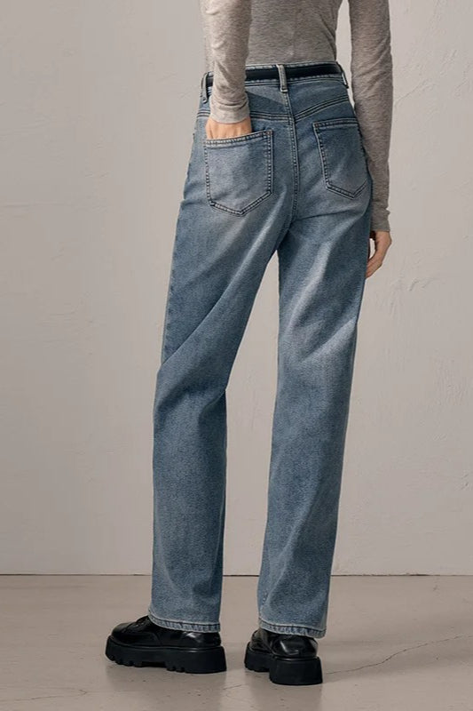 Cotton Polyester Washed Straight-Leg Jeans