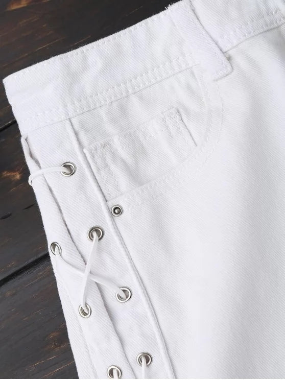Denim Polyester Lace-Up Shorts