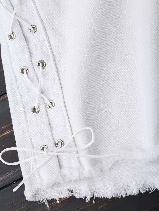 Denim Polyester Lace-Up Shorts