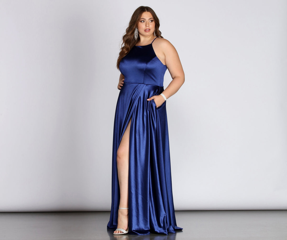 Zip-Detail Satin Dress with High Slit