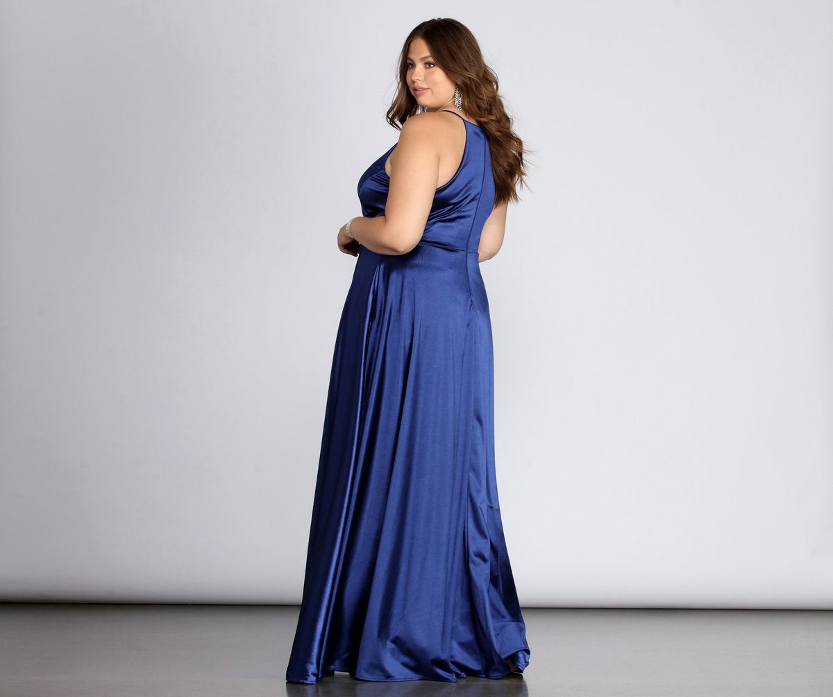Zip-Detail Satin Dress with High Slit