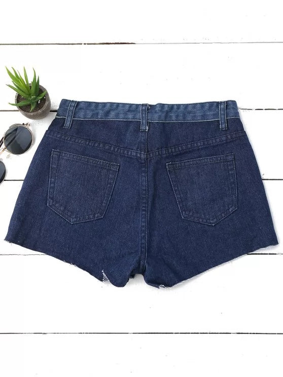 Denim Cotton Shorts with Distressed Details