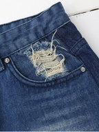 Denim Cotton Shorts with Distressed Details