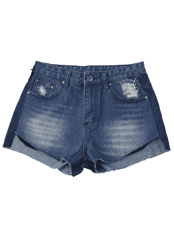 Denim Cotton Shorts with Distressed Details