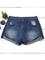 Denim Cotton Shorts with Distressed Details