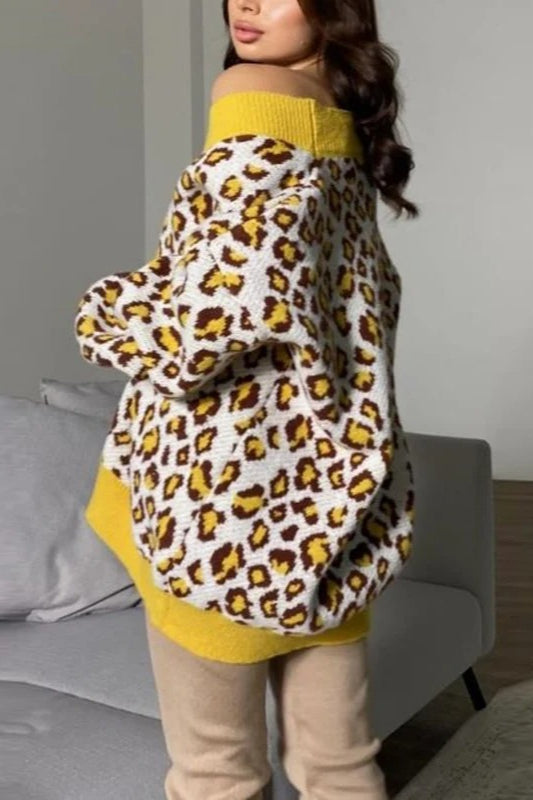 Leopard-Print Knit Cardigan with Long Sleeves
