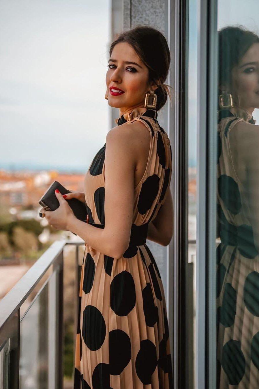 Pleated Printed Dress with Halter Neckline