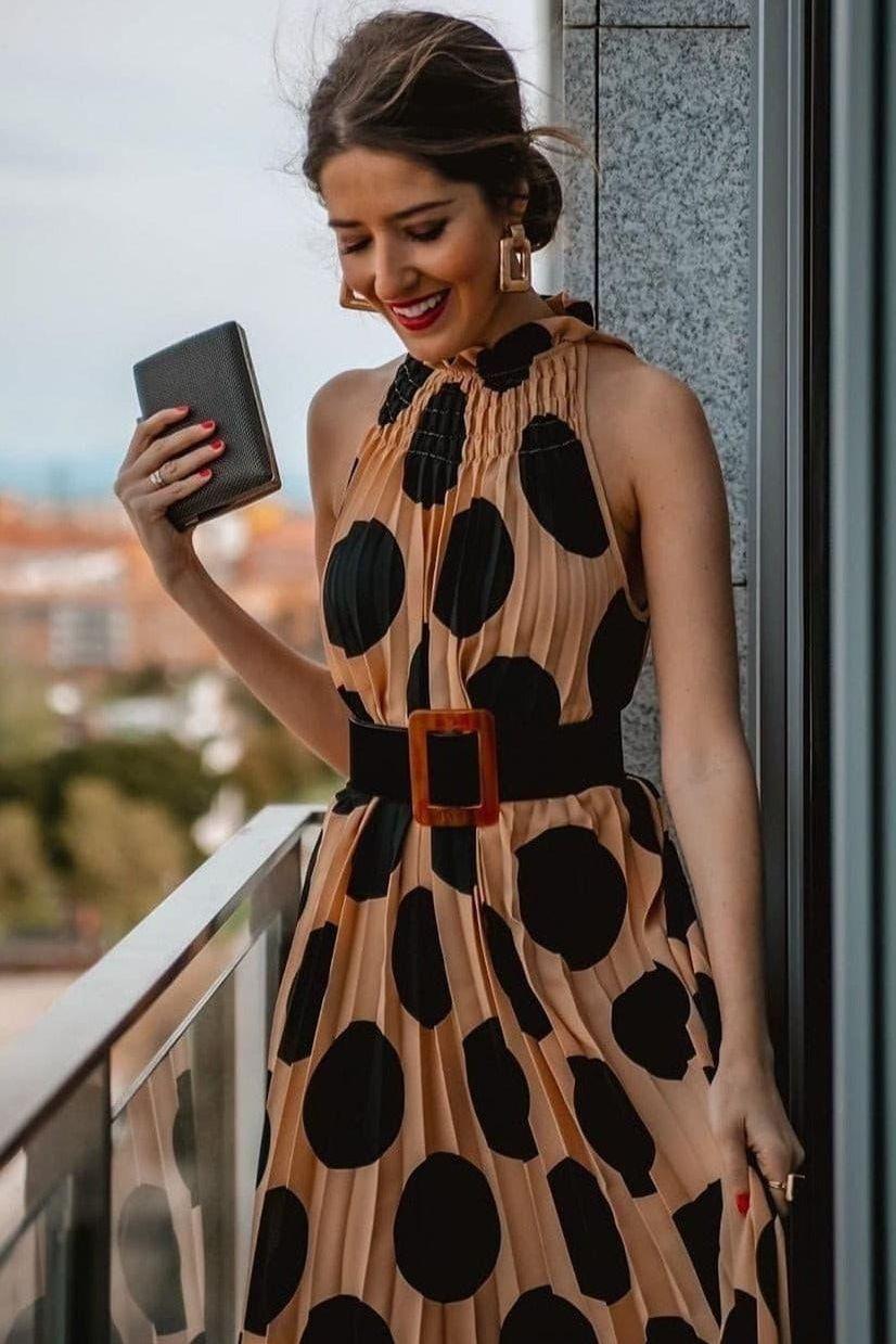 Pleated Printed Dress with Halter Neckline