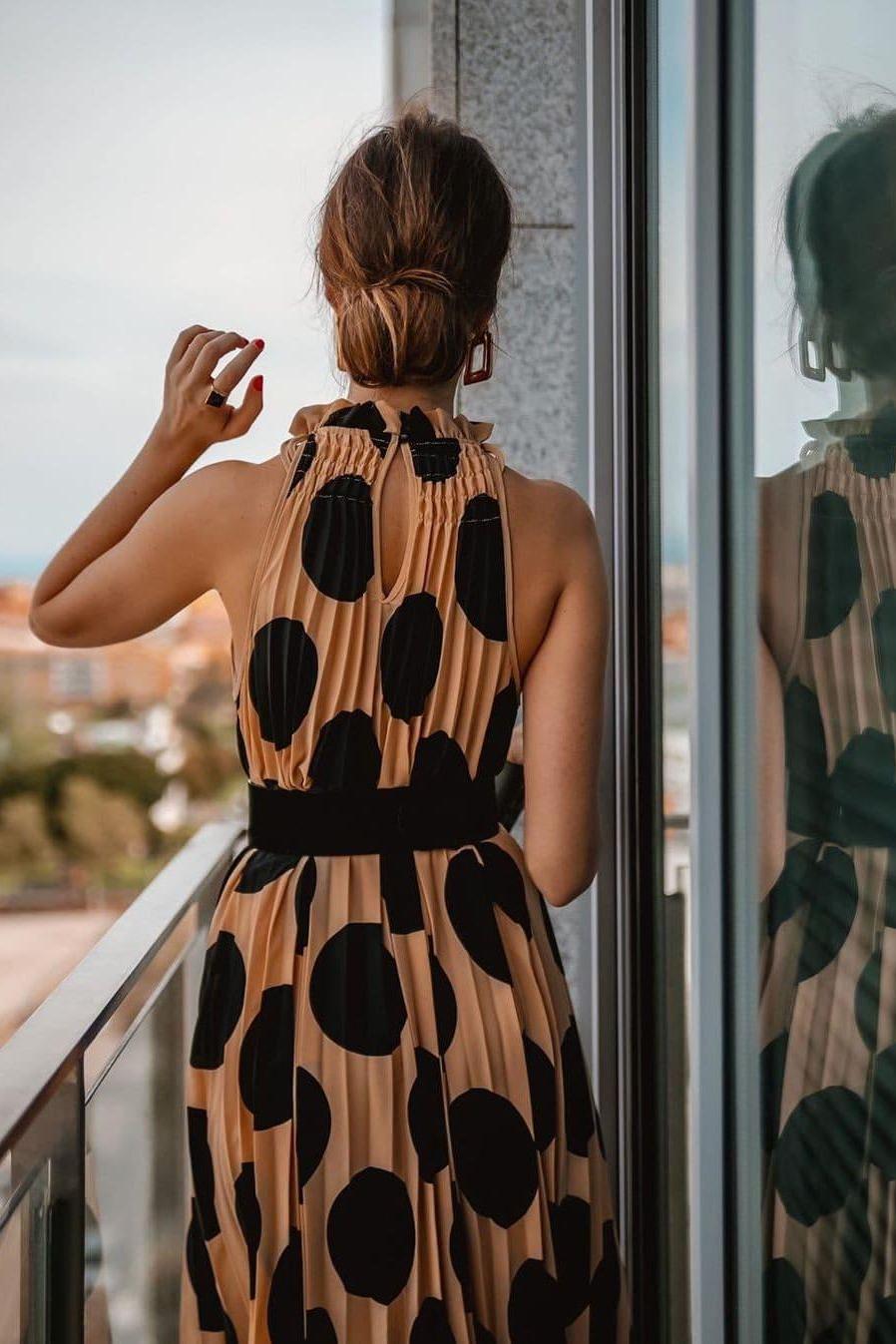 Pleated Printed Dress with Halter Neckline