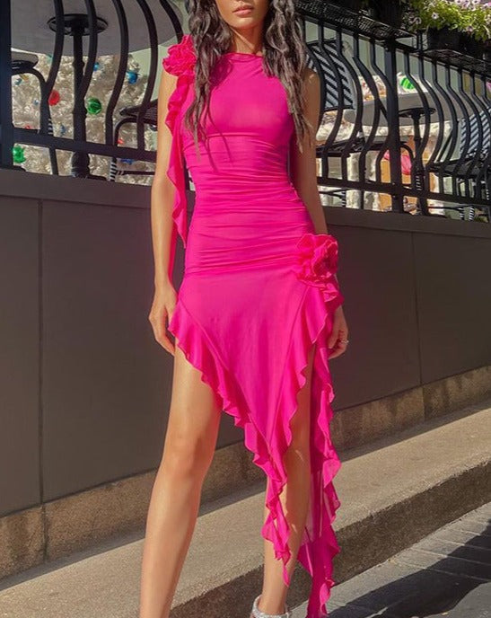 Mesh Polyester Dress with Floral Details