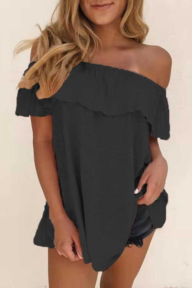 Panelled Solid-Color T-Shirt with Off-Shoulder Neckline